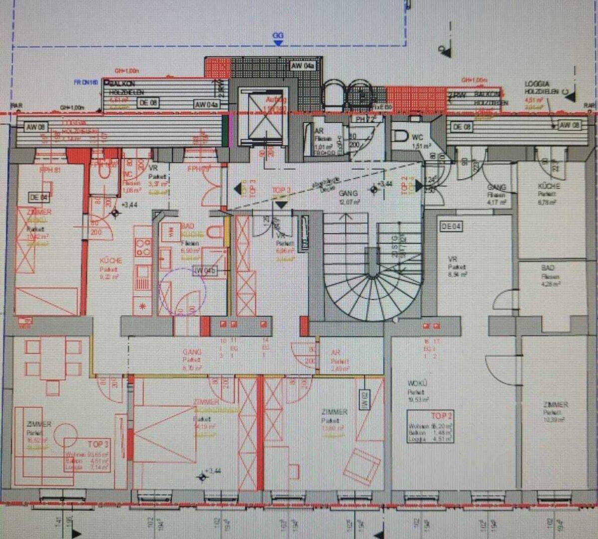 Detaillierter Grundriss einer Etage mit mehreren Zimmern, Balkonen und einer Wendeltreppe.