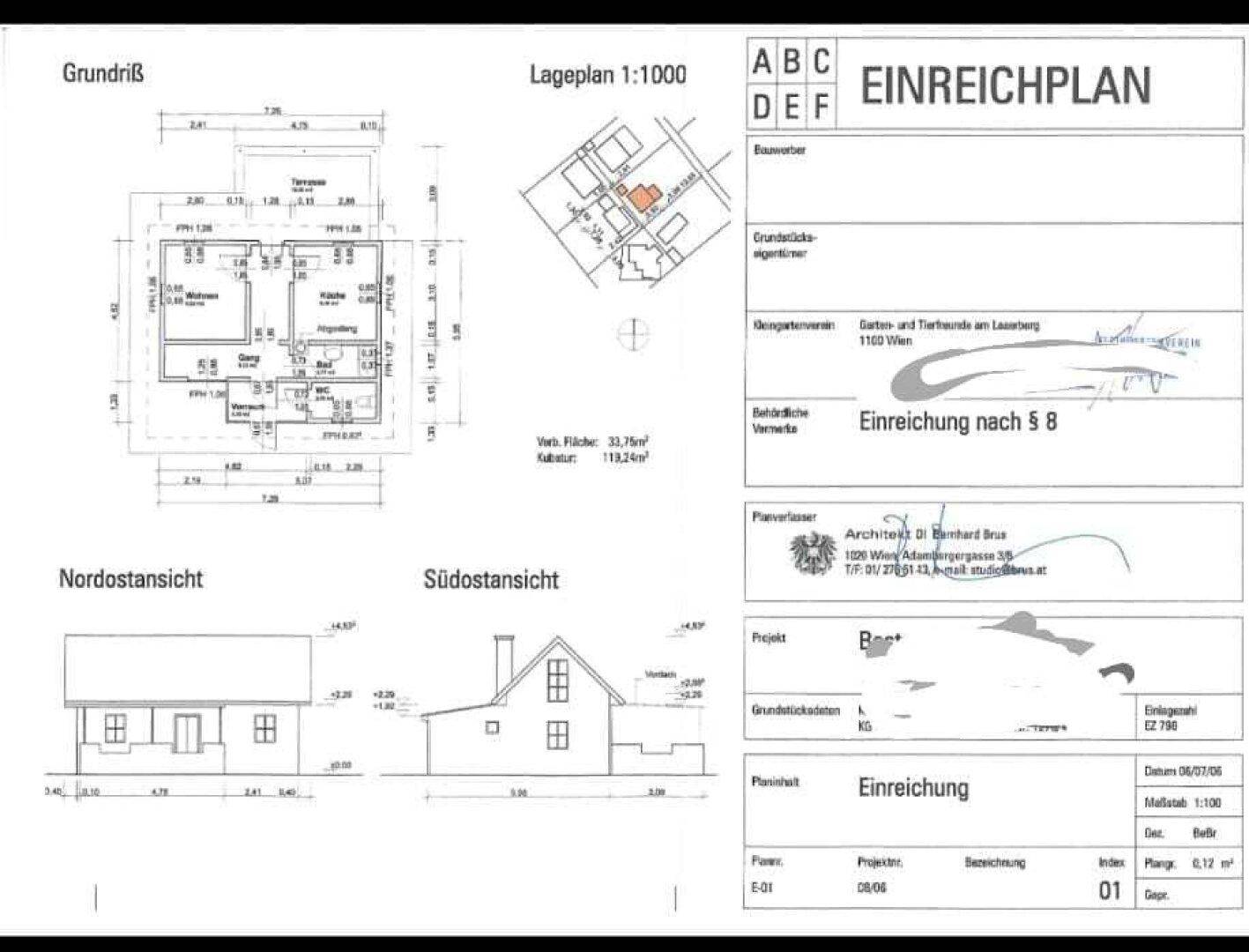 Einreichplan mit Grundriss, Lageplan und Ansichten des Gebäudes für die Baugenehmigung.