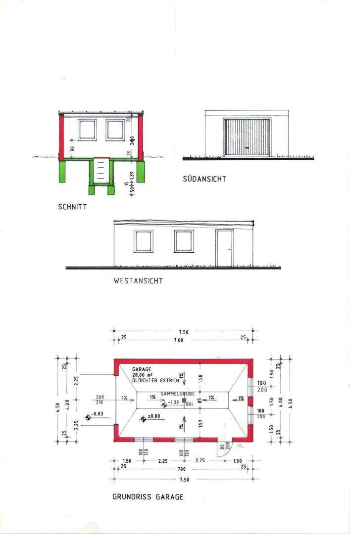 Grundriss und Ansichten einer Garage, detailliert mit Schnittdarstellung und Außenansichten.