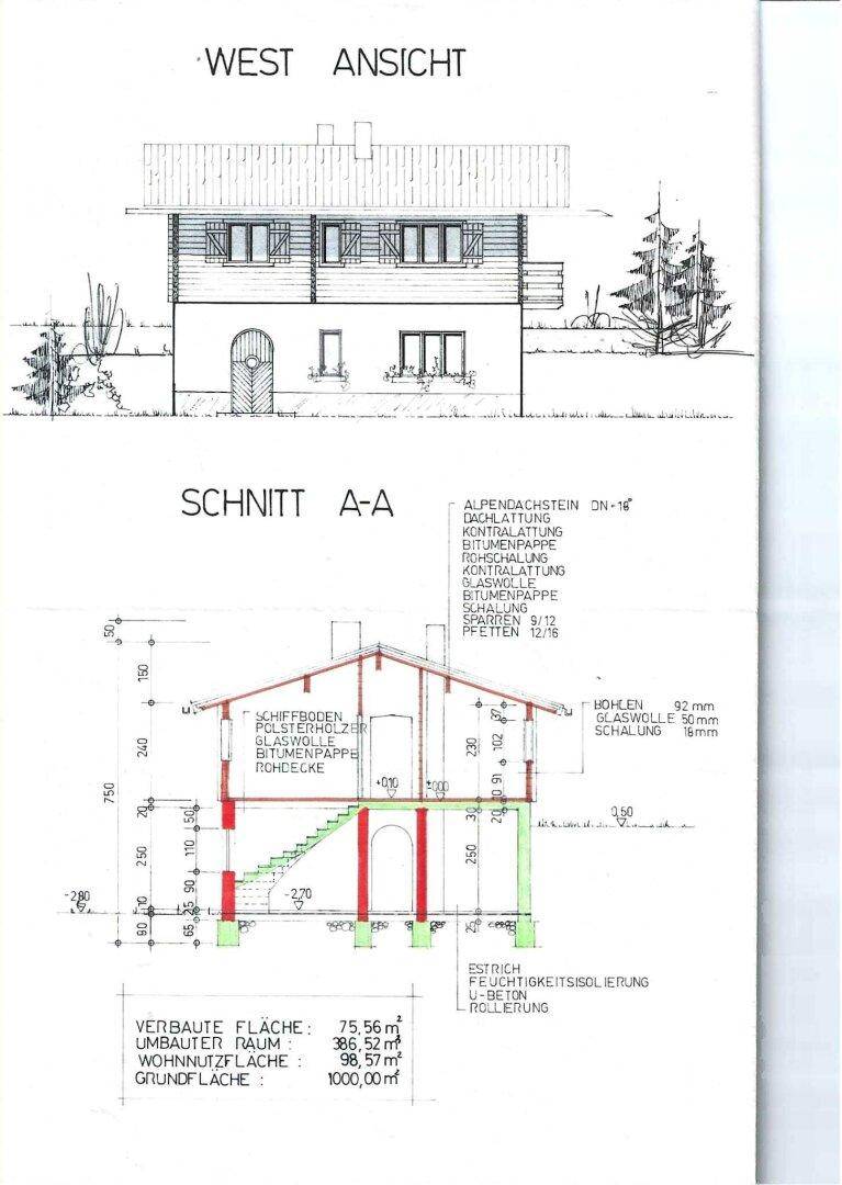 Architektonische Zeichnung mit Westansicht und Schnittdarstellung eines Hauses, inklusive Maßangaben und Konstruktionsdetails.