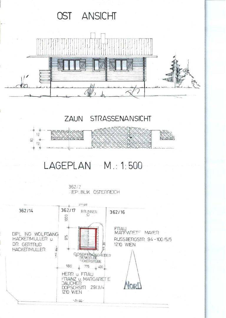 Architektonische Zeichnung mit Ostansicht des Hauses und Lageplan des Grundstücks.
