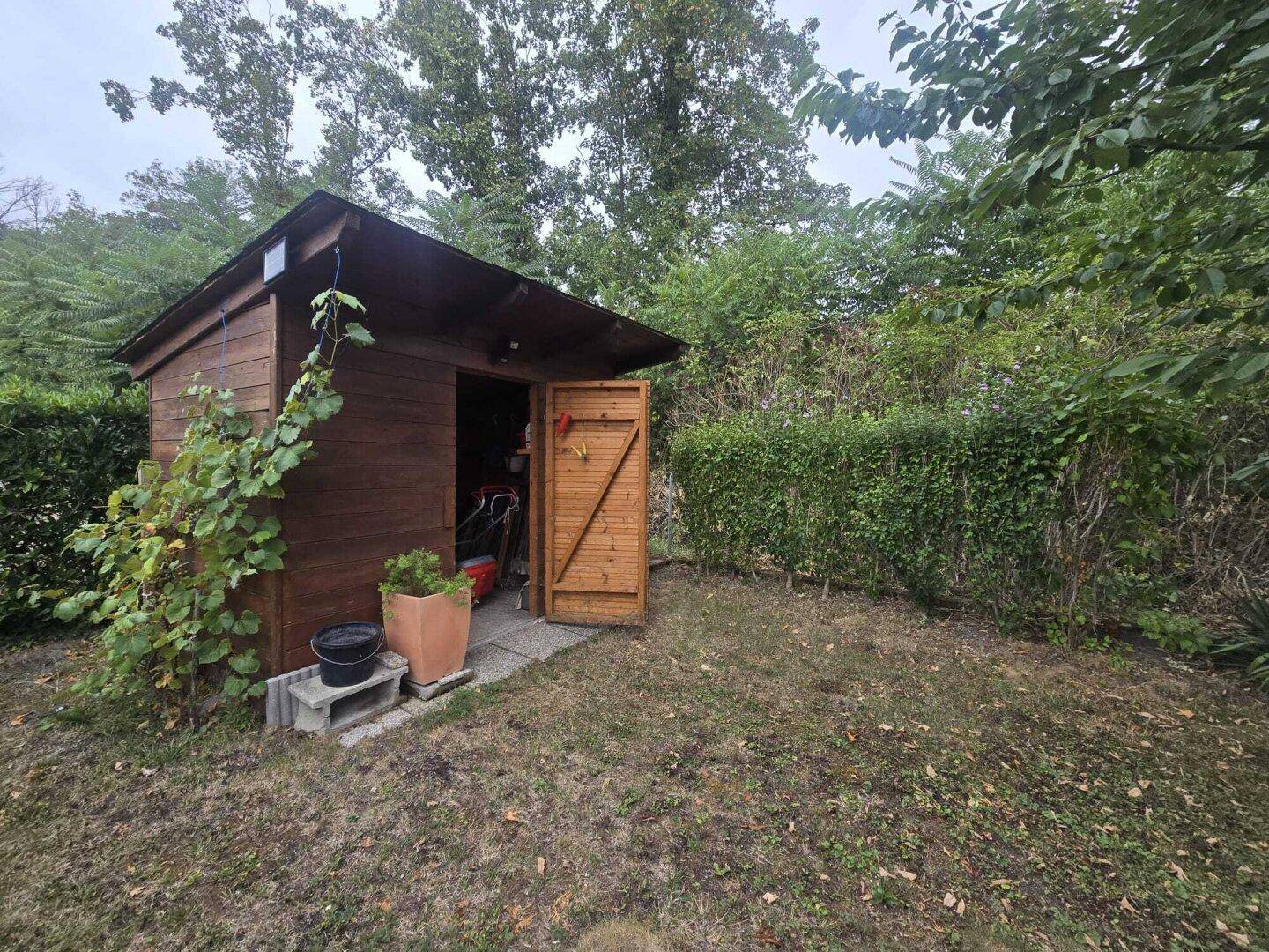 Kleiner Holzschuppen im Garten, umgeben von Hecken und Grünpflanzen.
