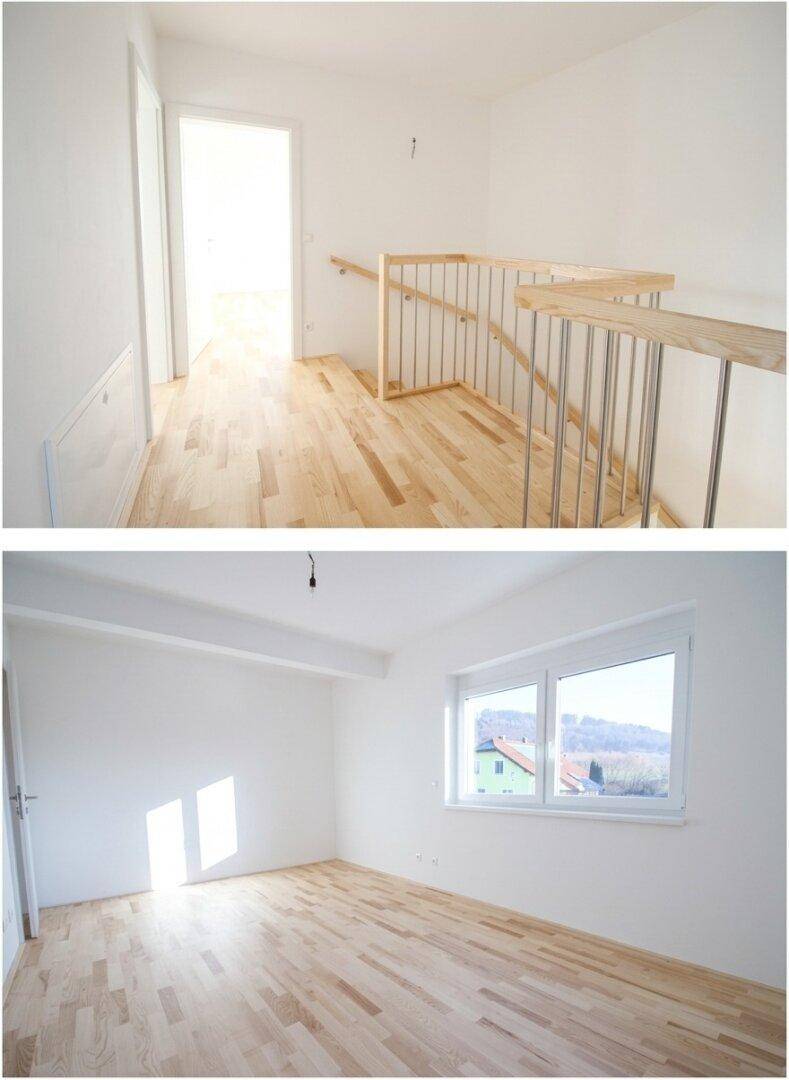 Heller Flur und ein leeres Zimmer mit Holzboden und Ausblick.