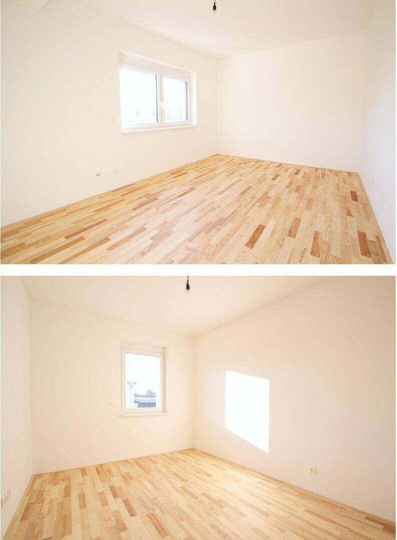 Zwei helle, leere Zimmer mit Holzboden und Fenstern.