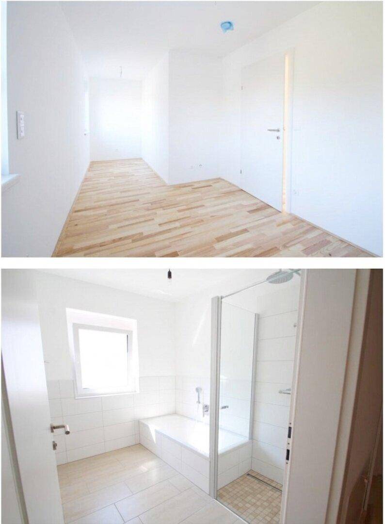 Heller Flur mit Holzboden und Badezimmer mit Badewanne und Dusche.