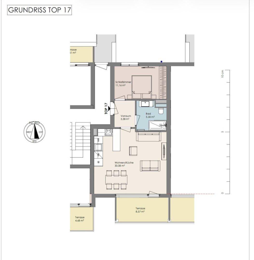 Grundriss der Wohnung Top 17 mit Schlafzimmer, Bad und offenem Wohn-/Kochbereich.