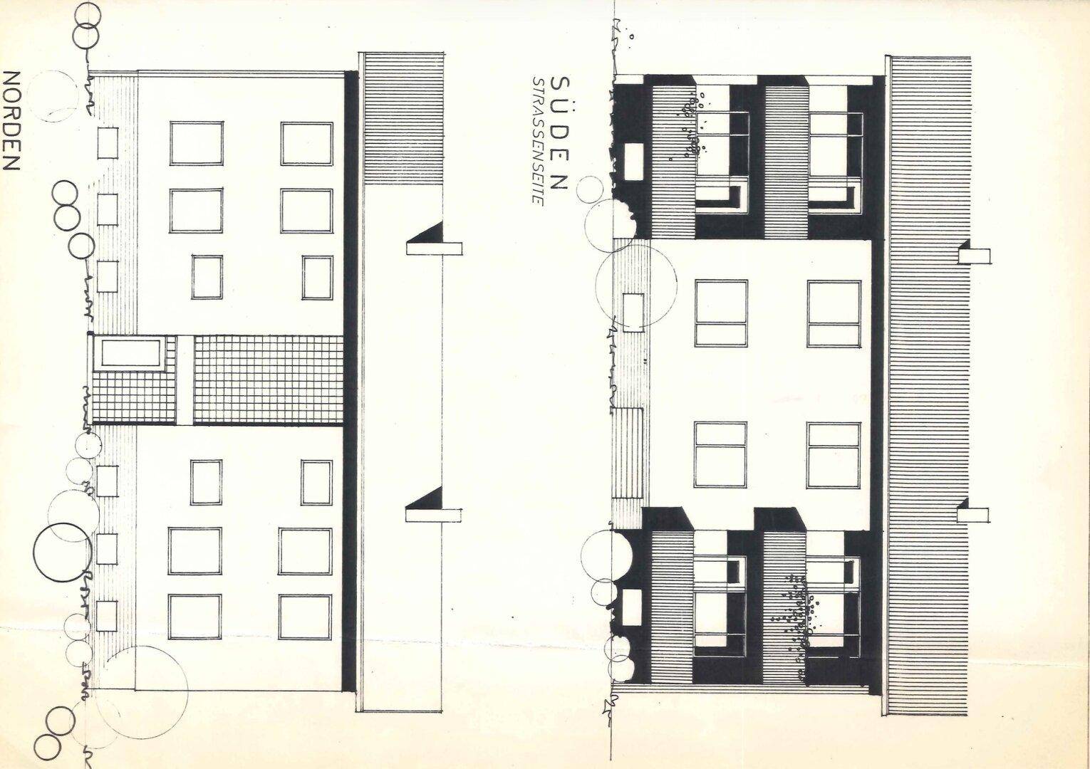 Architektonische Ansicht der Nord- und Südfassade des Gebäudes mit Fensterdetails.