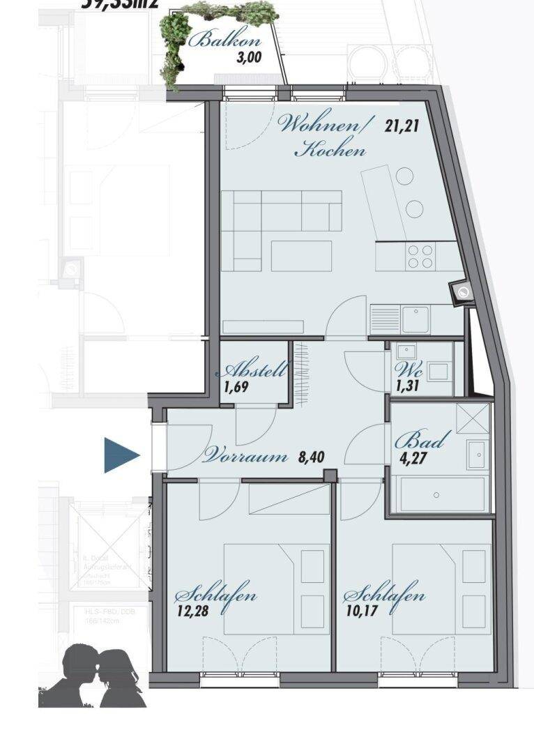 Grundriss einer Wohnung mit offenem Wohn-/Kochbereich, zwei Schlafzimmern und Balkon.