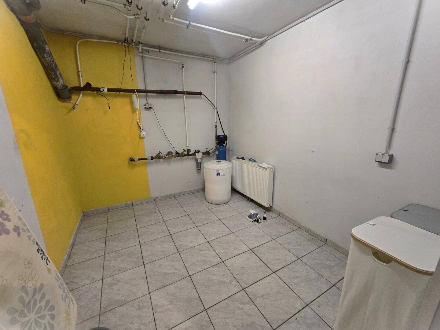 Hauswirtschaftsraum im Keller mit Wasserfilteranlage und Heizkörper.