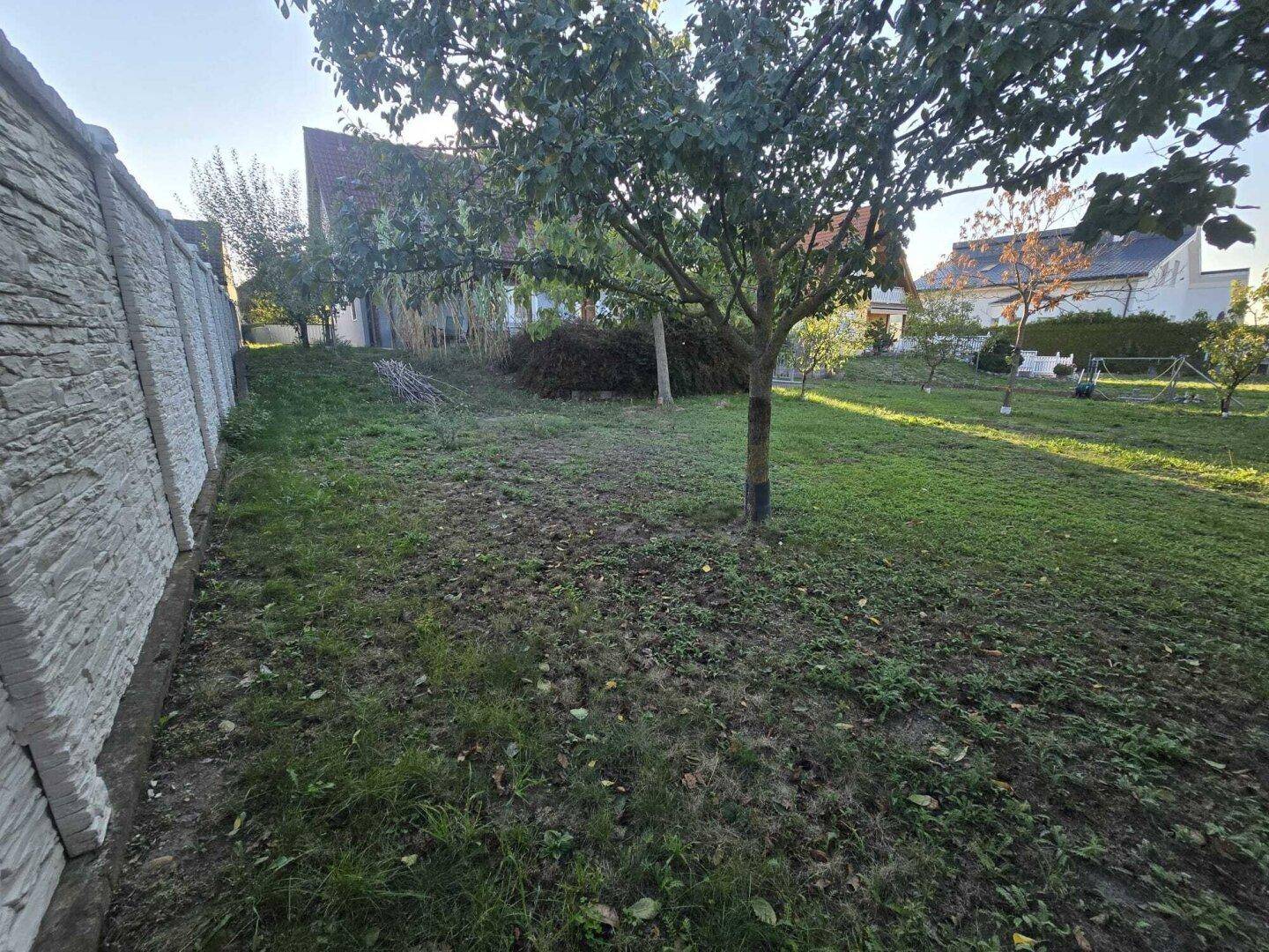 Weitläufiger Garten mit Rasenfläche und einer stabilen Begrenzungsmauer.