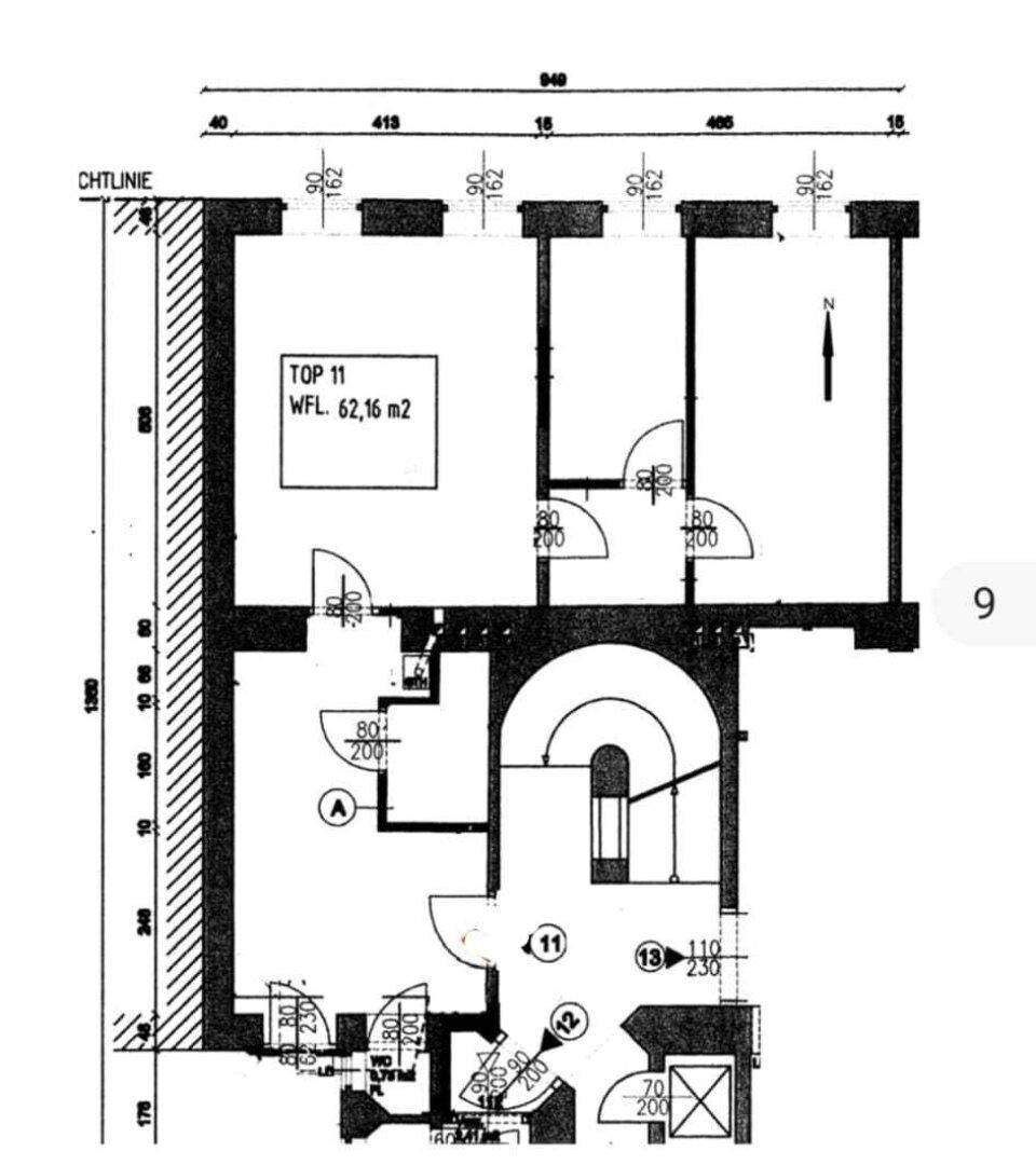 Grundriss einer Wohnung mit 62,16 m² Wohnfläche, mehreren Zimmern und einer internen Treppe.