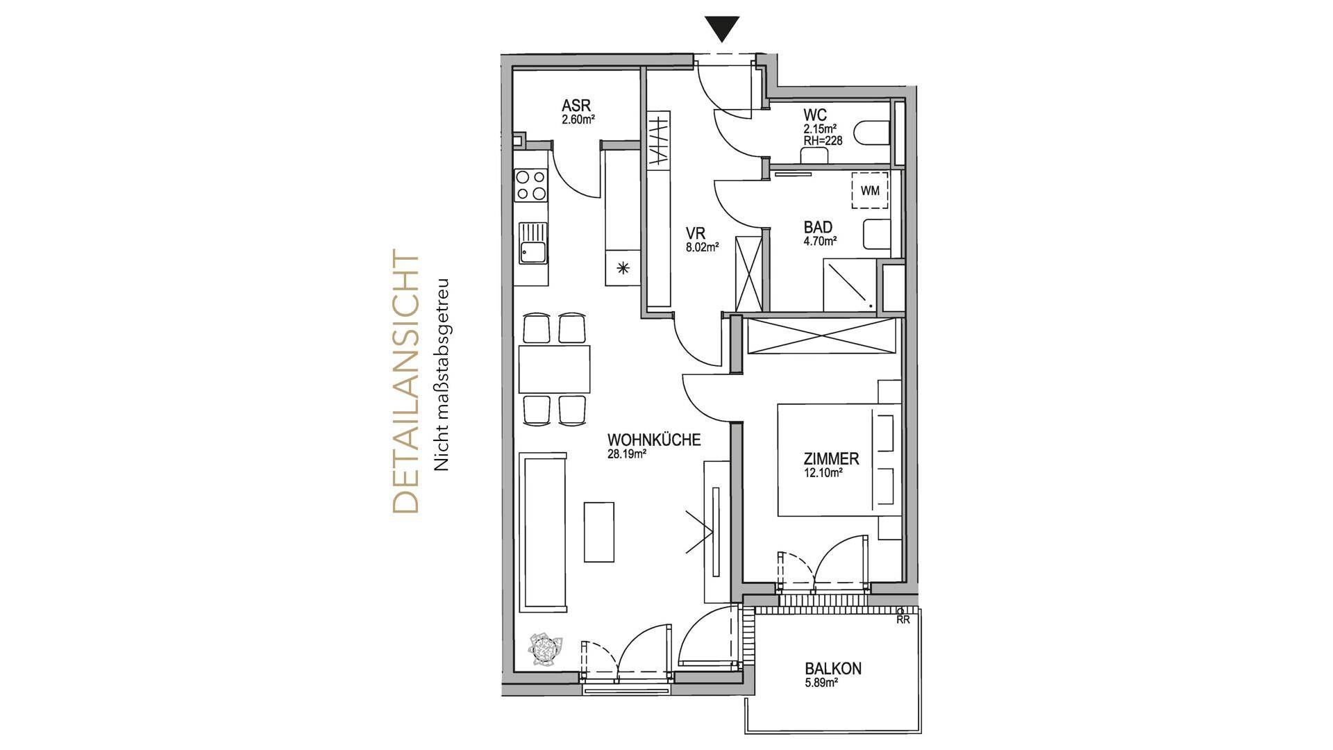Detaillierter Grundriss einer Wohnung mit Wohnküche, Schlafzimmer, Bad und Balkon.