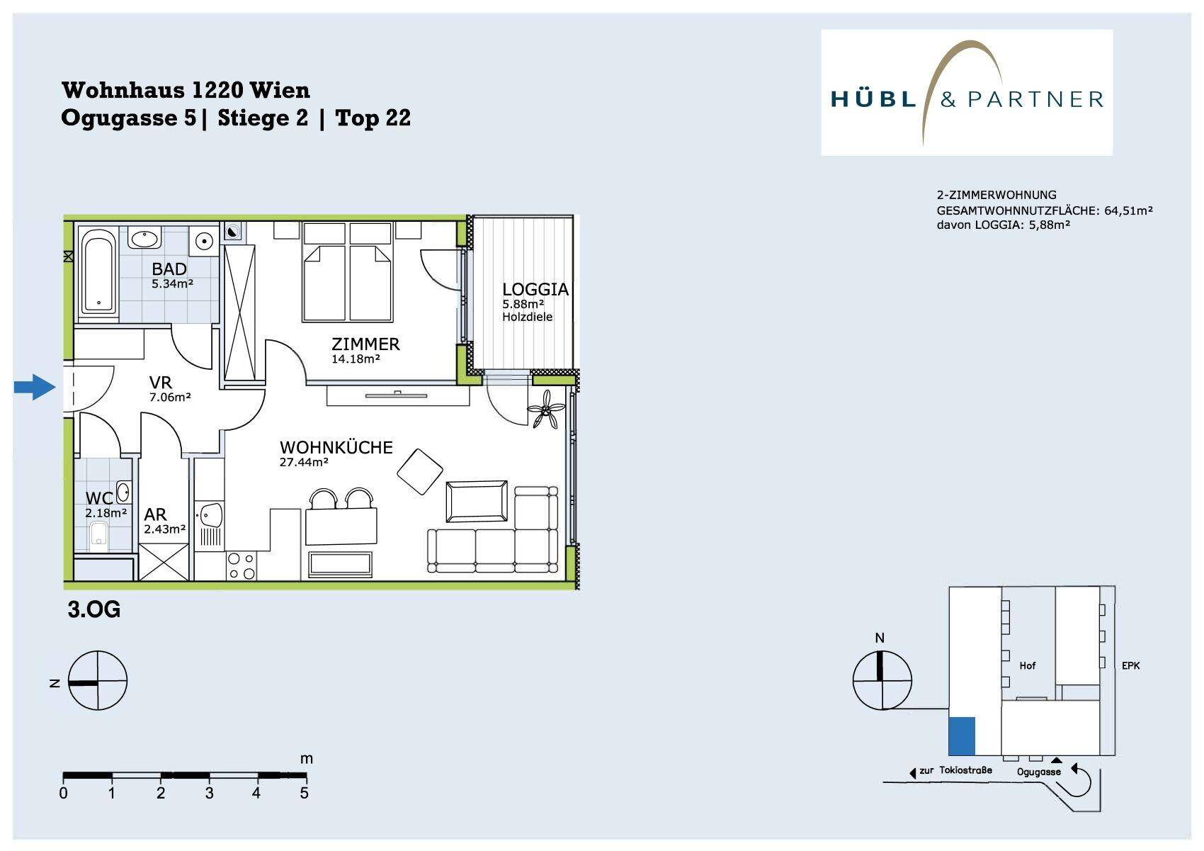 Detaillierter Grundriss einer 2-Zimmer-Wohnung mit Loggia, Bad und separatem WC.
