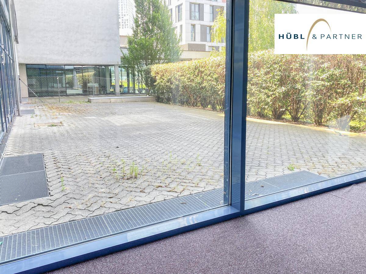 Büroraum mit Teppichboden und großen Fenstern, die einen Blick auf den gepflasterten Außenbereich und die Hecke bieten.