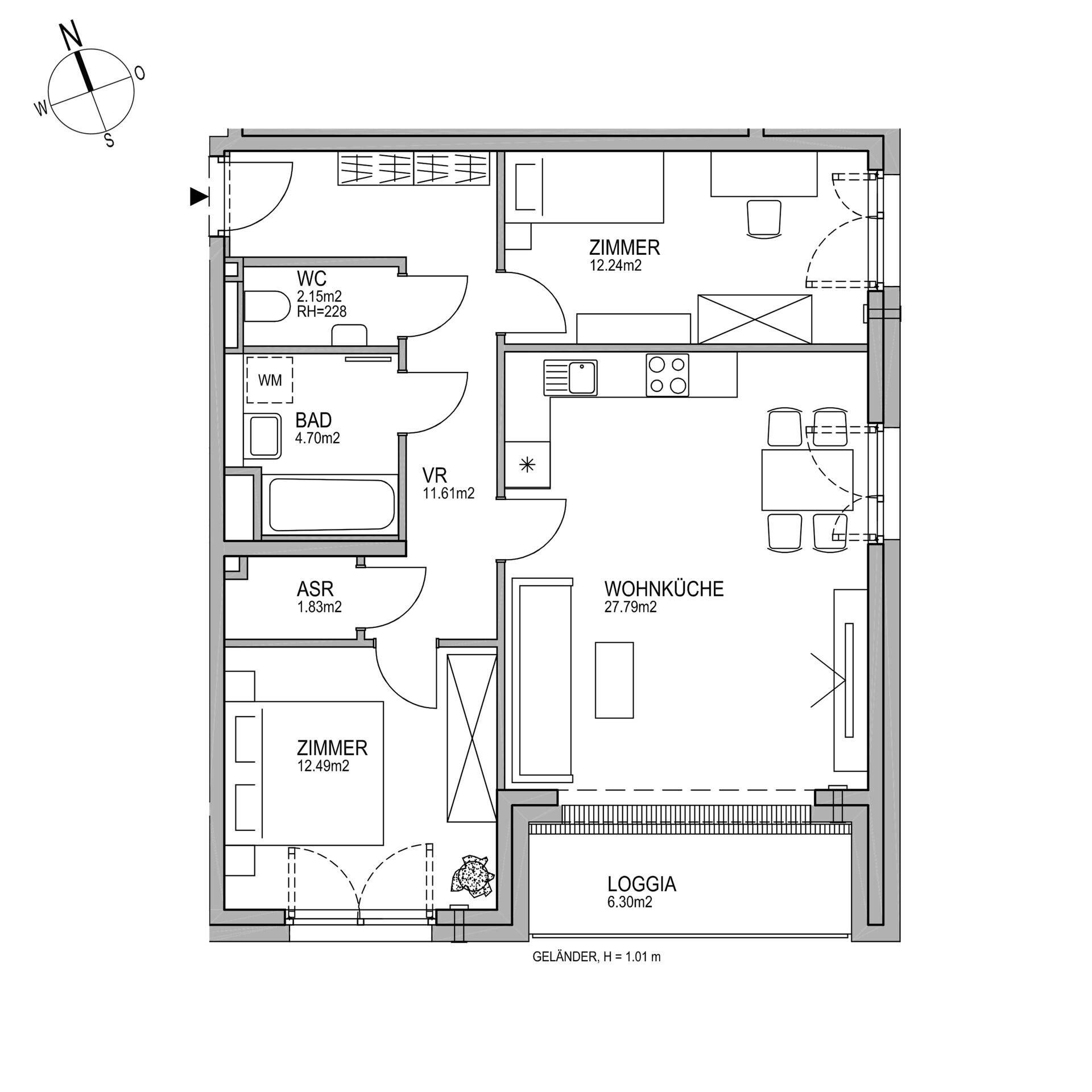Grundriss einer Wohnung mit drei Zimmern, Wohnküche und Loggia.