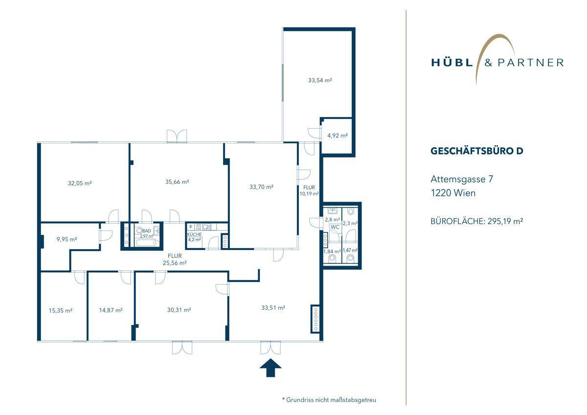 Grundriss des Geschäftsbüros D mit einer Gesamtfläche von 295,19 m² und mehreren Räumen.
