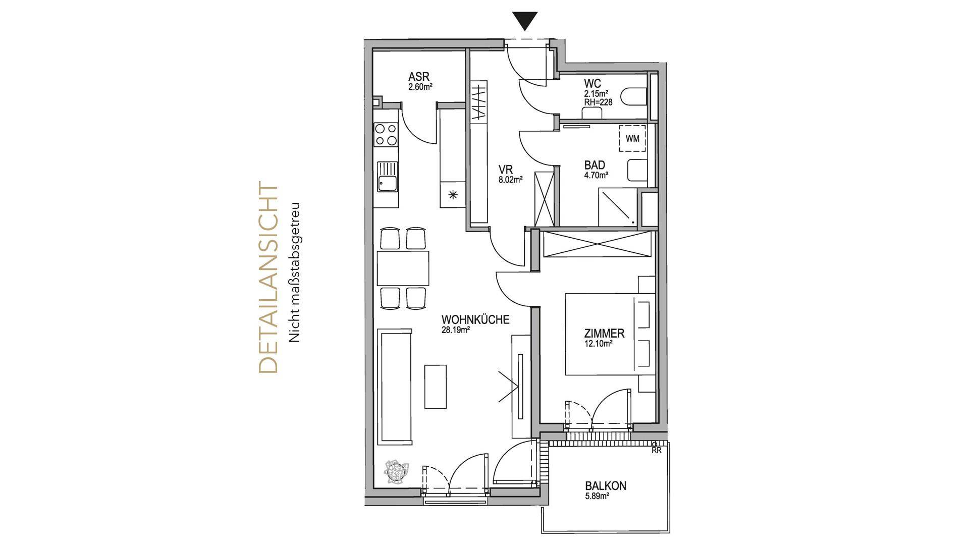 Detaillierter Grundriss einer Wohnung mit Wohnküche, Schlafzimmer, Bad, WC und Balkon.