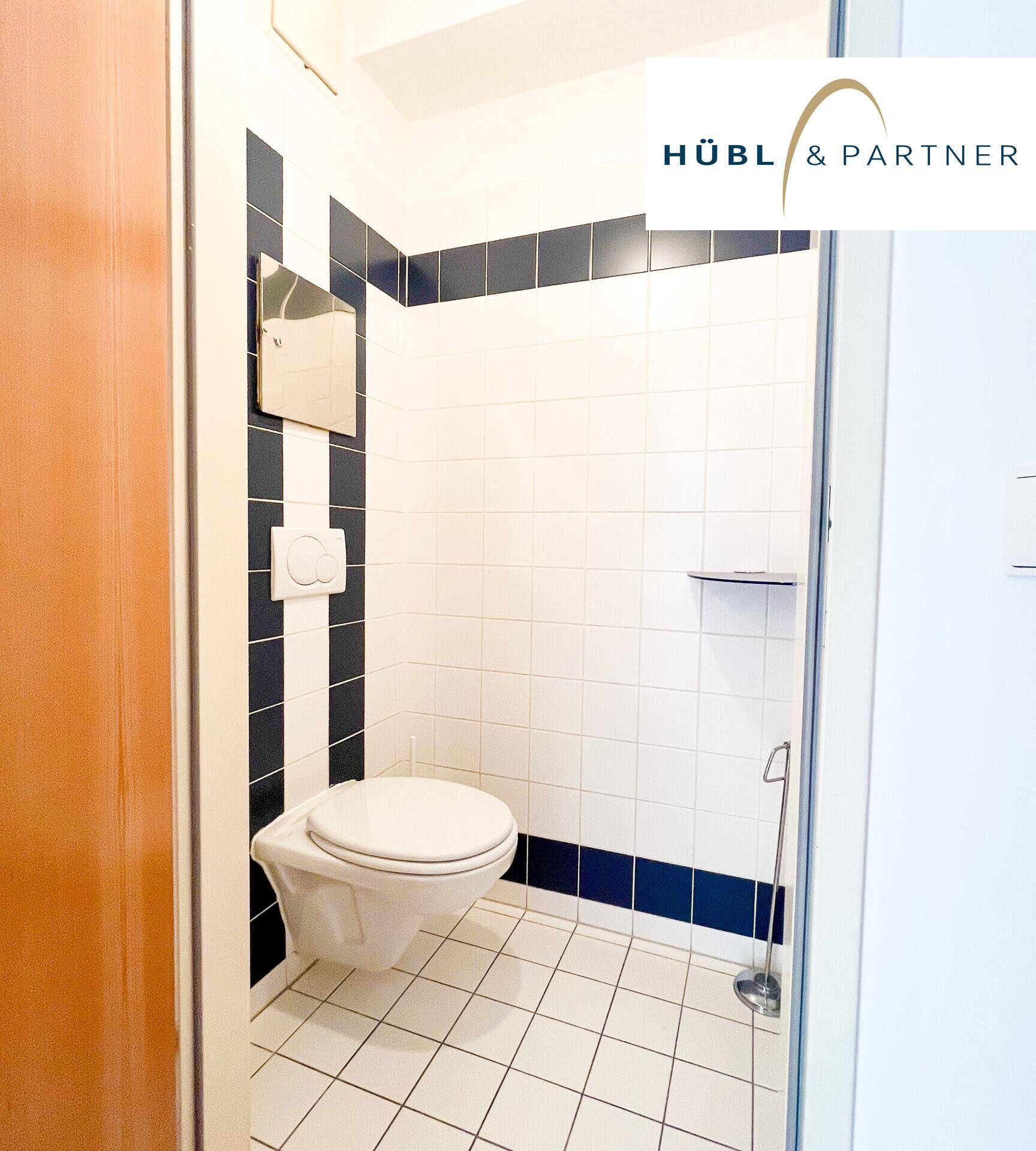 Separates WC mit wandhängender Toilette und weiß-blauen Fliesen, funktional gestaltet.