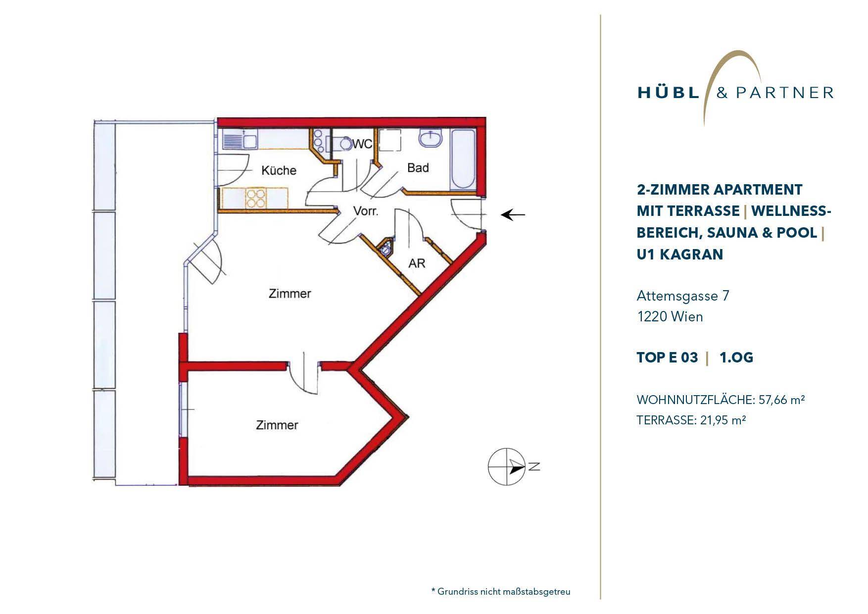 Grundriss eines 2-Zimmer-Apartments mit Terrasse, WC und Bad, inklusive Wellnessbereich.