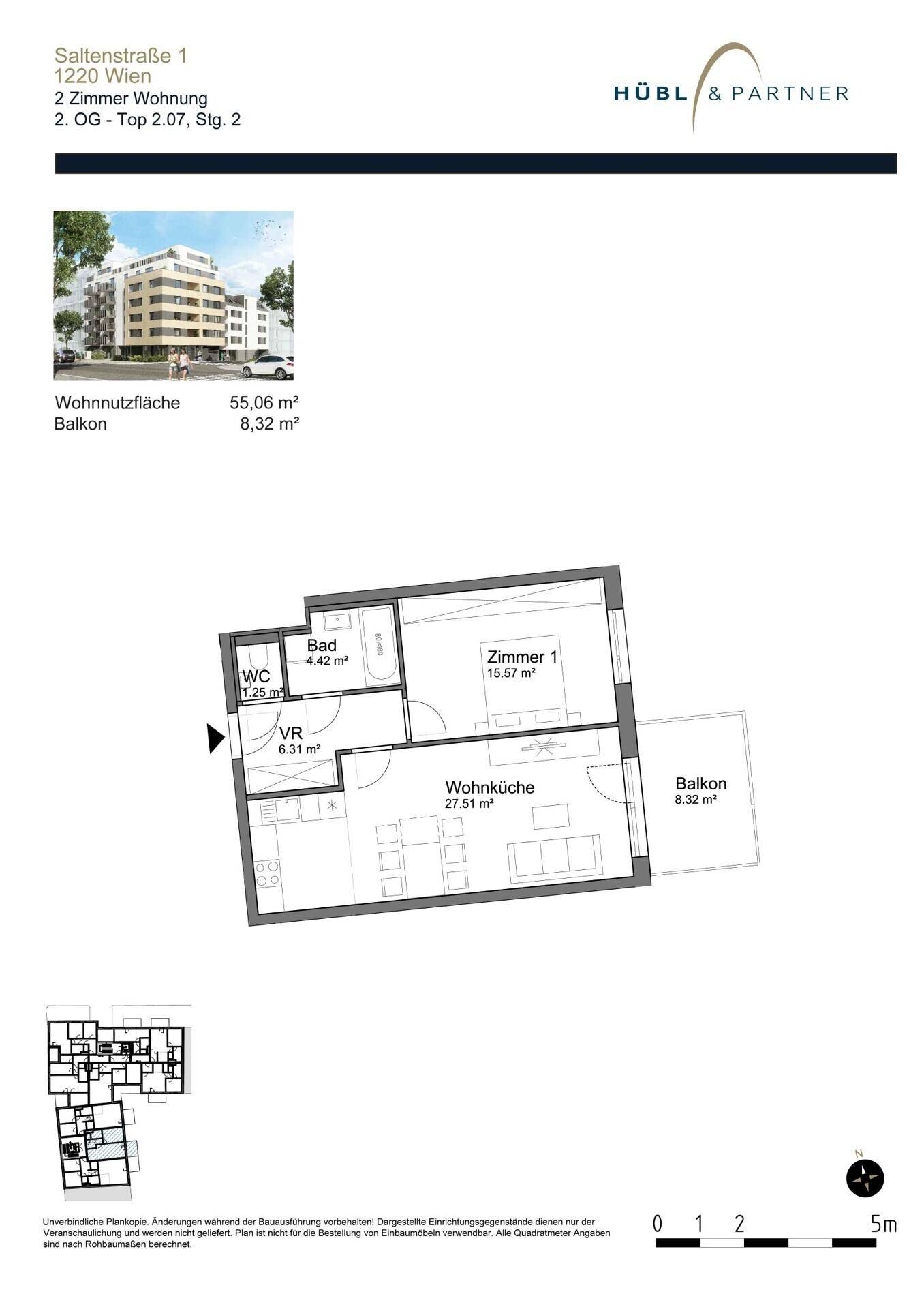 Detaillierter Grundriss einer 2-Zimmer-Wohnung mit Balkon und Wohnküche.