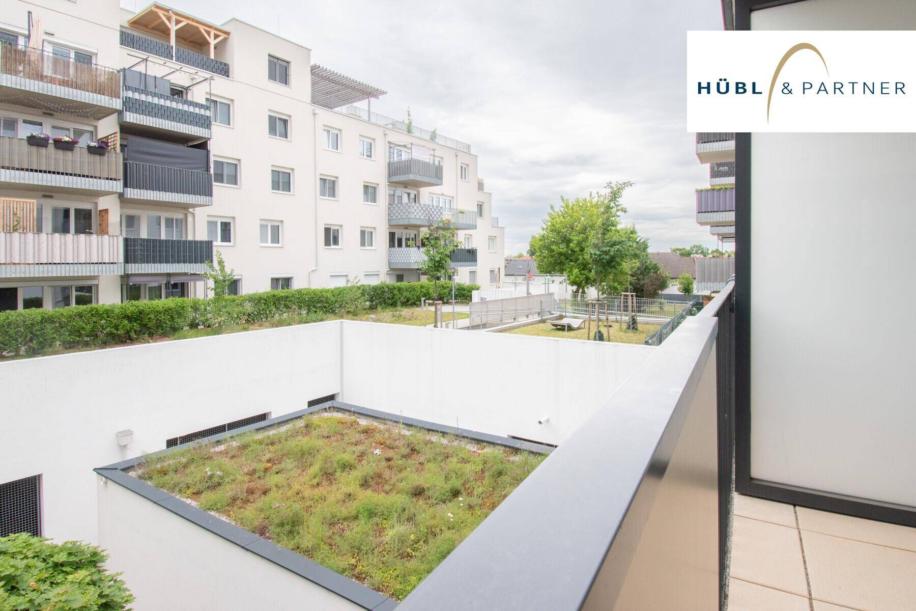 Blick vom Balkon auf eine begrünte Dachfläche, einen Spielplatz und moderne Wohngebäude.