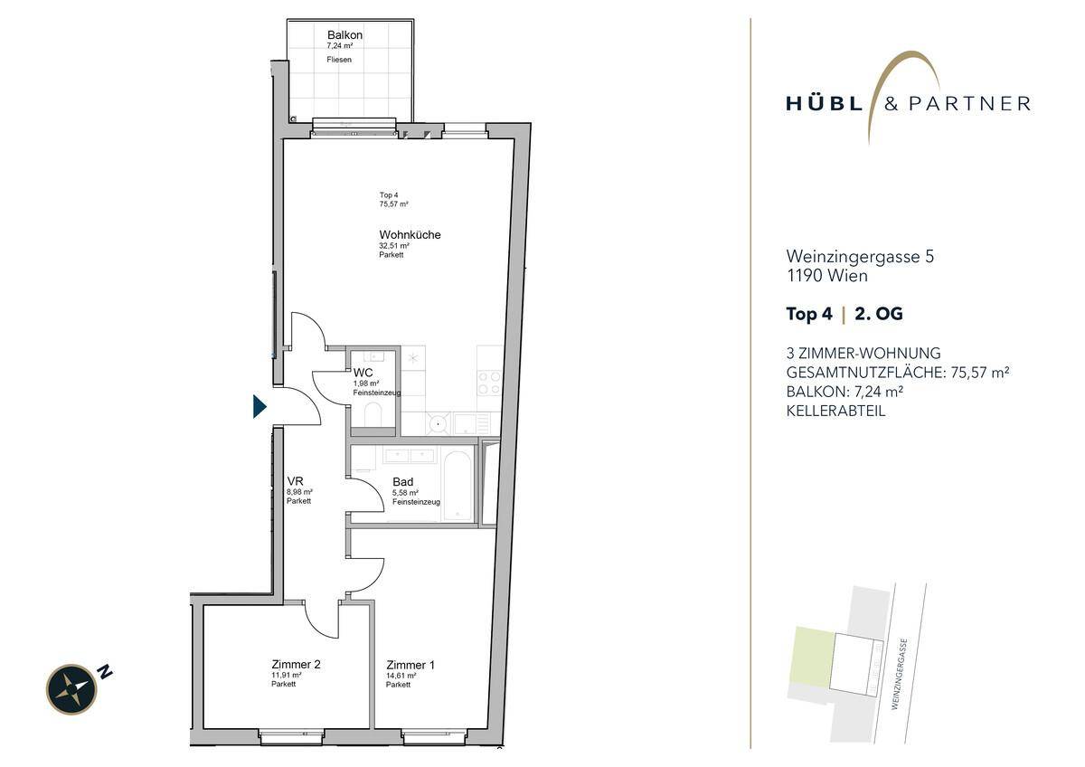 Grundriss der 3-Zimmer-Wohnung mit 75,57 m² und Balkon, im 2. Obergeschoss.