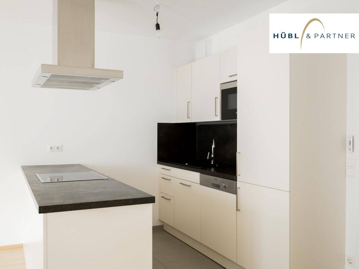Helle Küche mit Induktionskochfeld, Geschirrspüler und weißen Schränken in modernem Design.