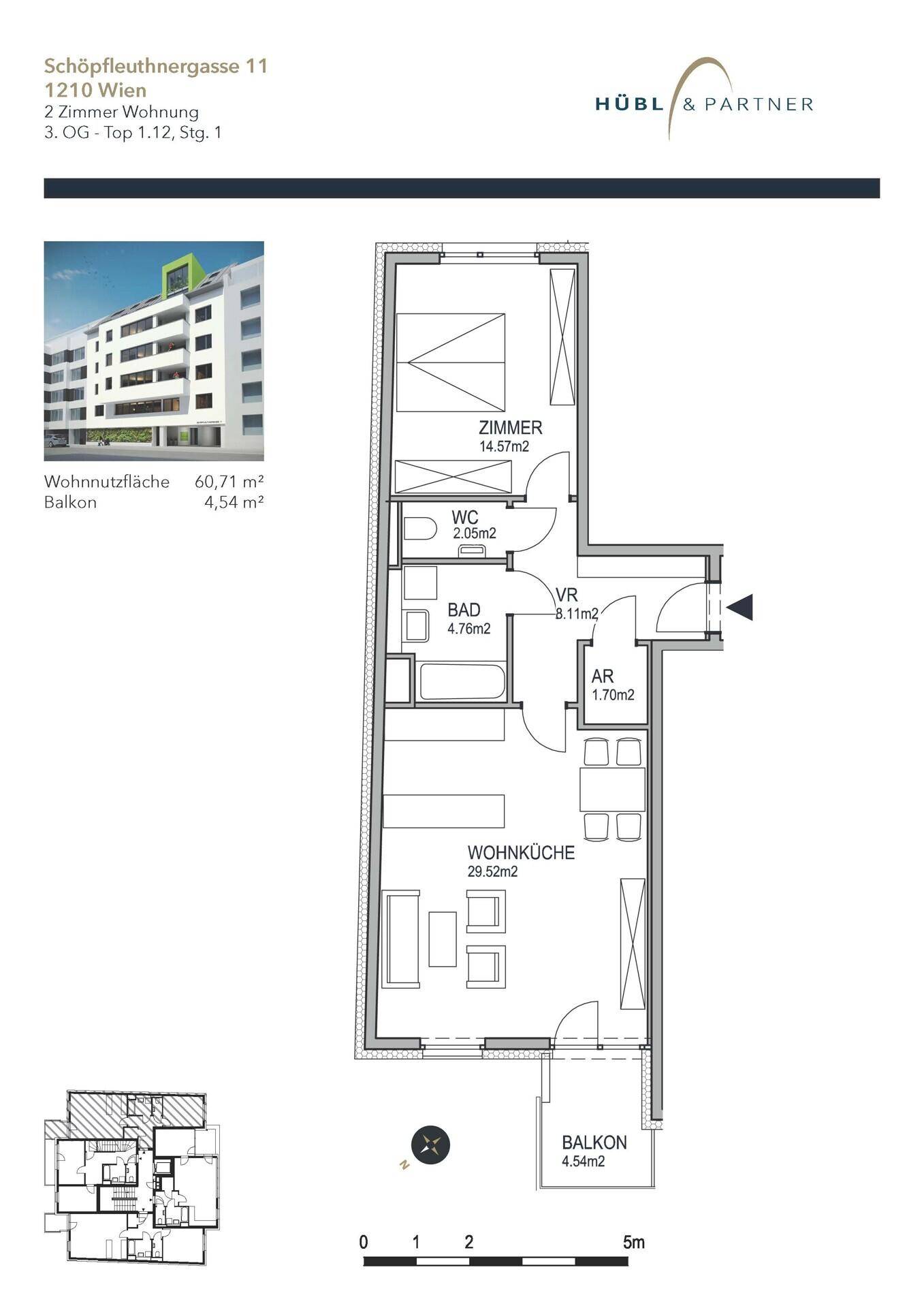 Detaillierter Grundriss einer Wohnung mit Wohnküche, Schlafzimmer, Bad und Balkon.