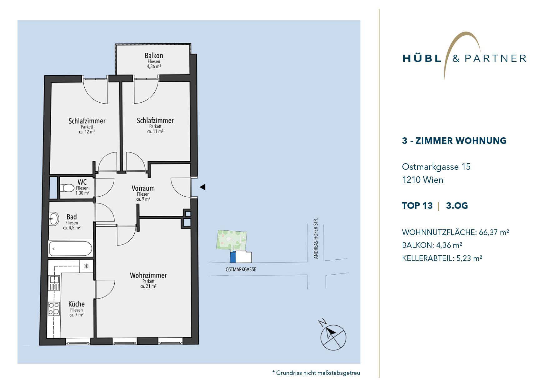 Grundriss einer 3-Zimmer-Wohnung mit Balkon, Bad, separatem WC und Kellerabteil.