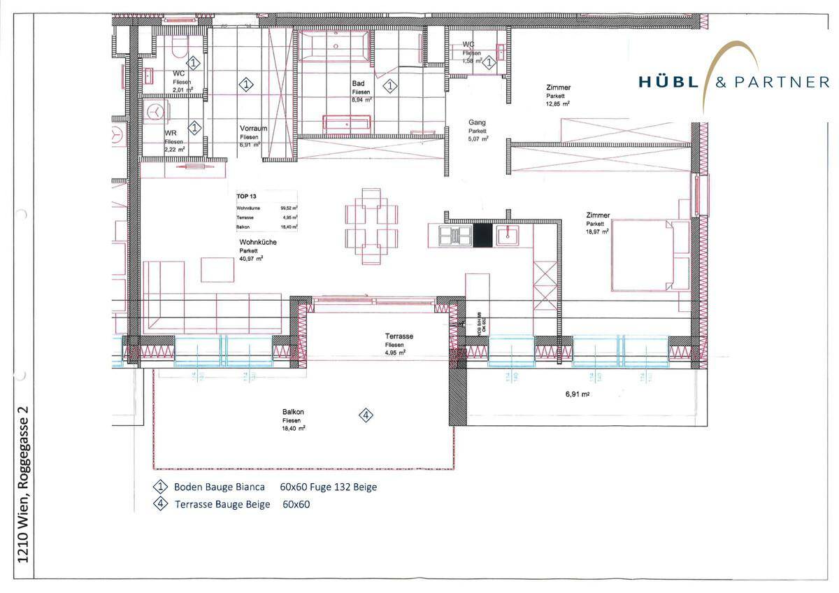 Grundriss einer Wohnung mit Wohnküche, zwei Zimmern, Bad, WC und Terrasse.