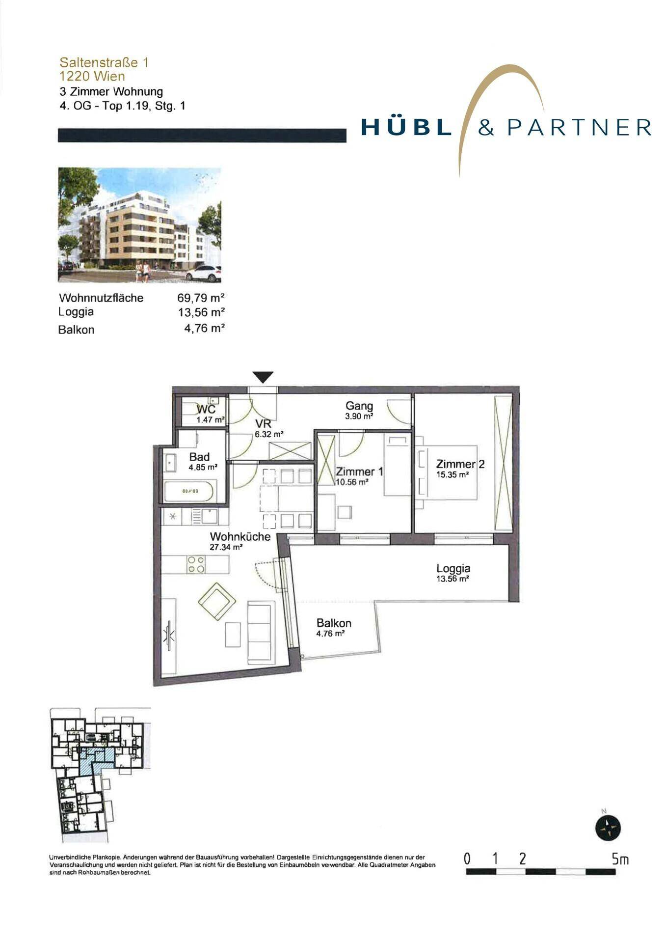 Grundriss einer 3-Zimmer-Wohnung mit Loggia und Balkon, Gesamtfläche 69,79 m².