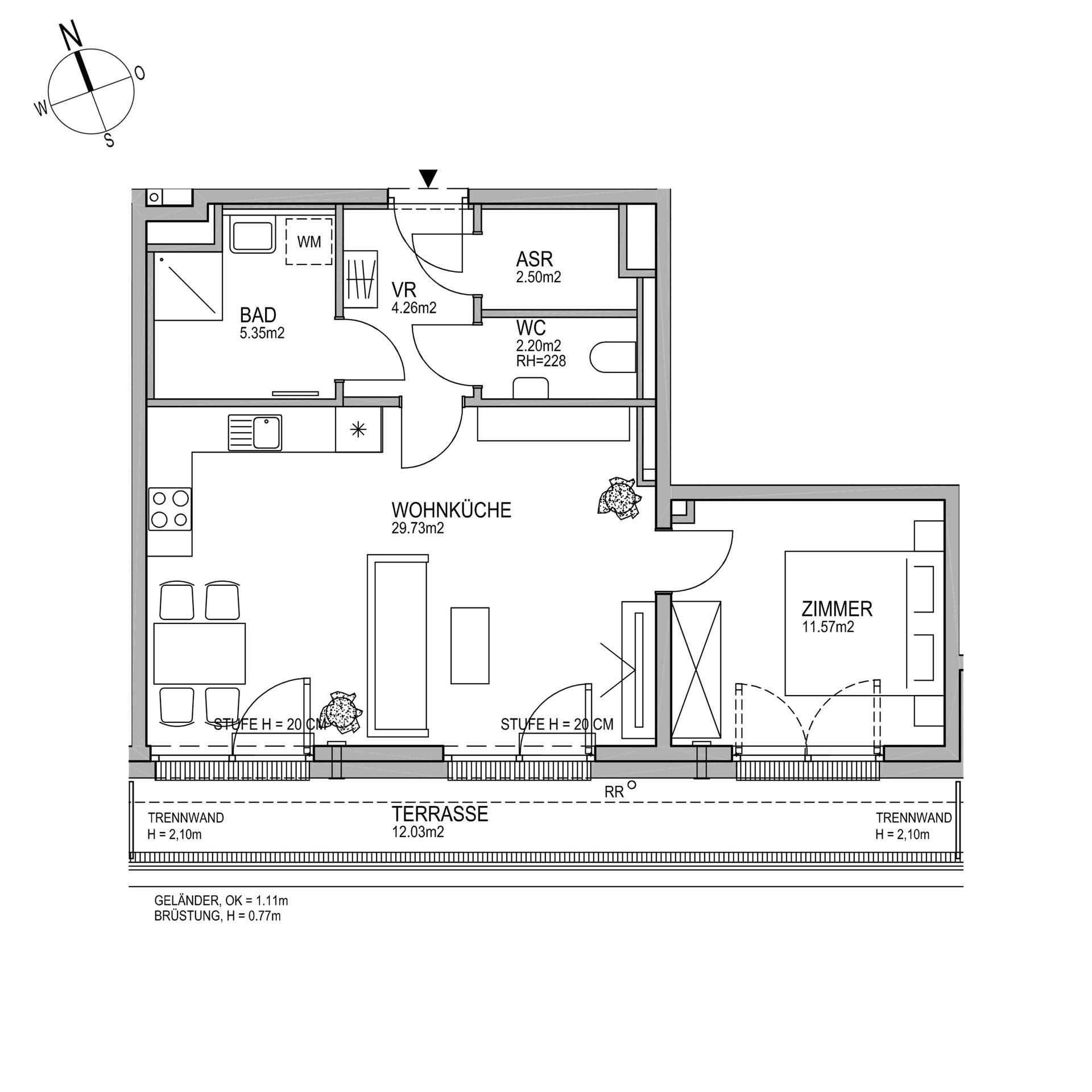 Grundriss einer Wohnung mit Wohnküche, Schlafzimmer, Bad und großer Terrasse.