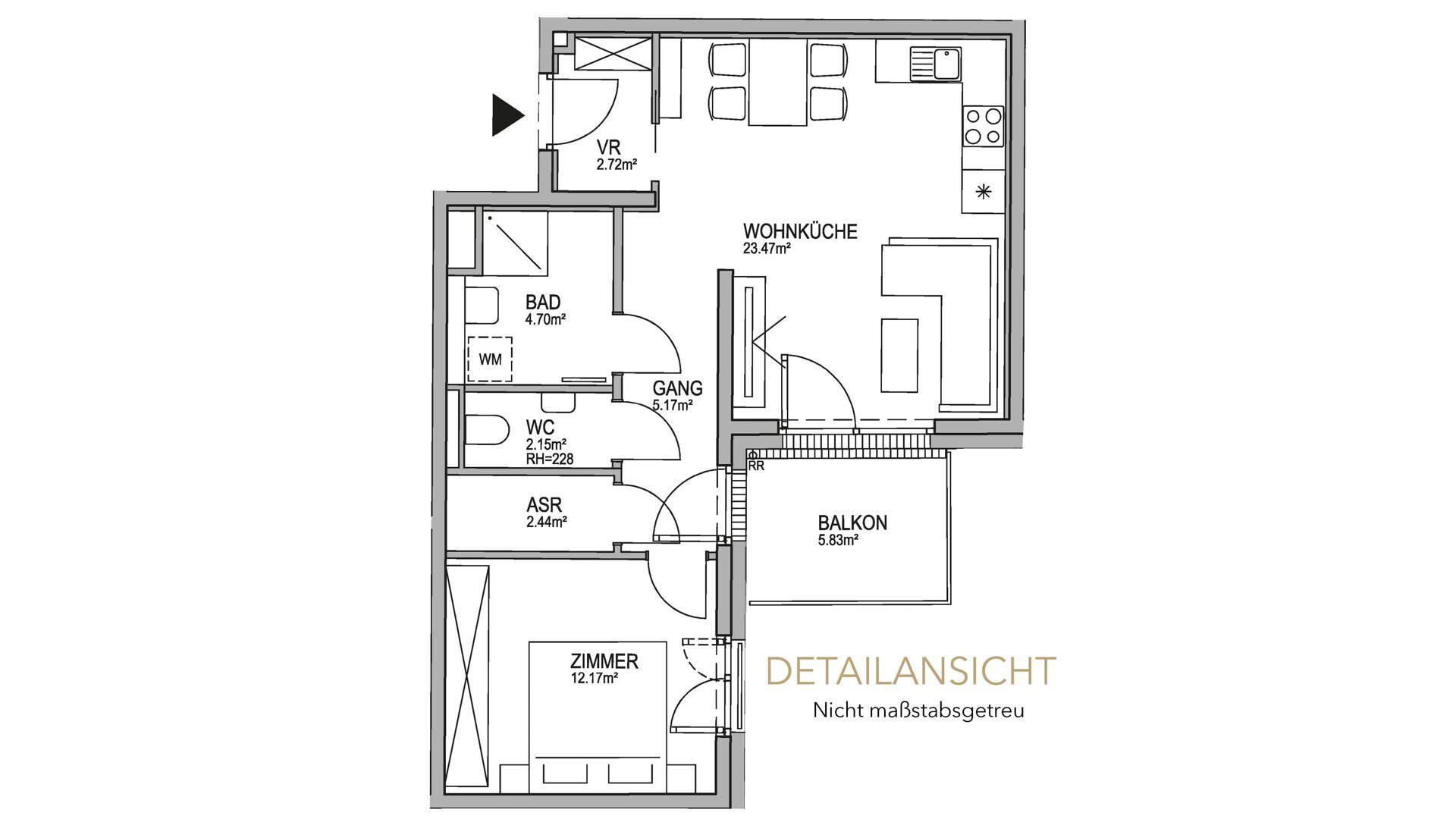 Grundriss einer Zweizimmerwohnung mit offener Wohnküche, Bad, WC und Balkon.