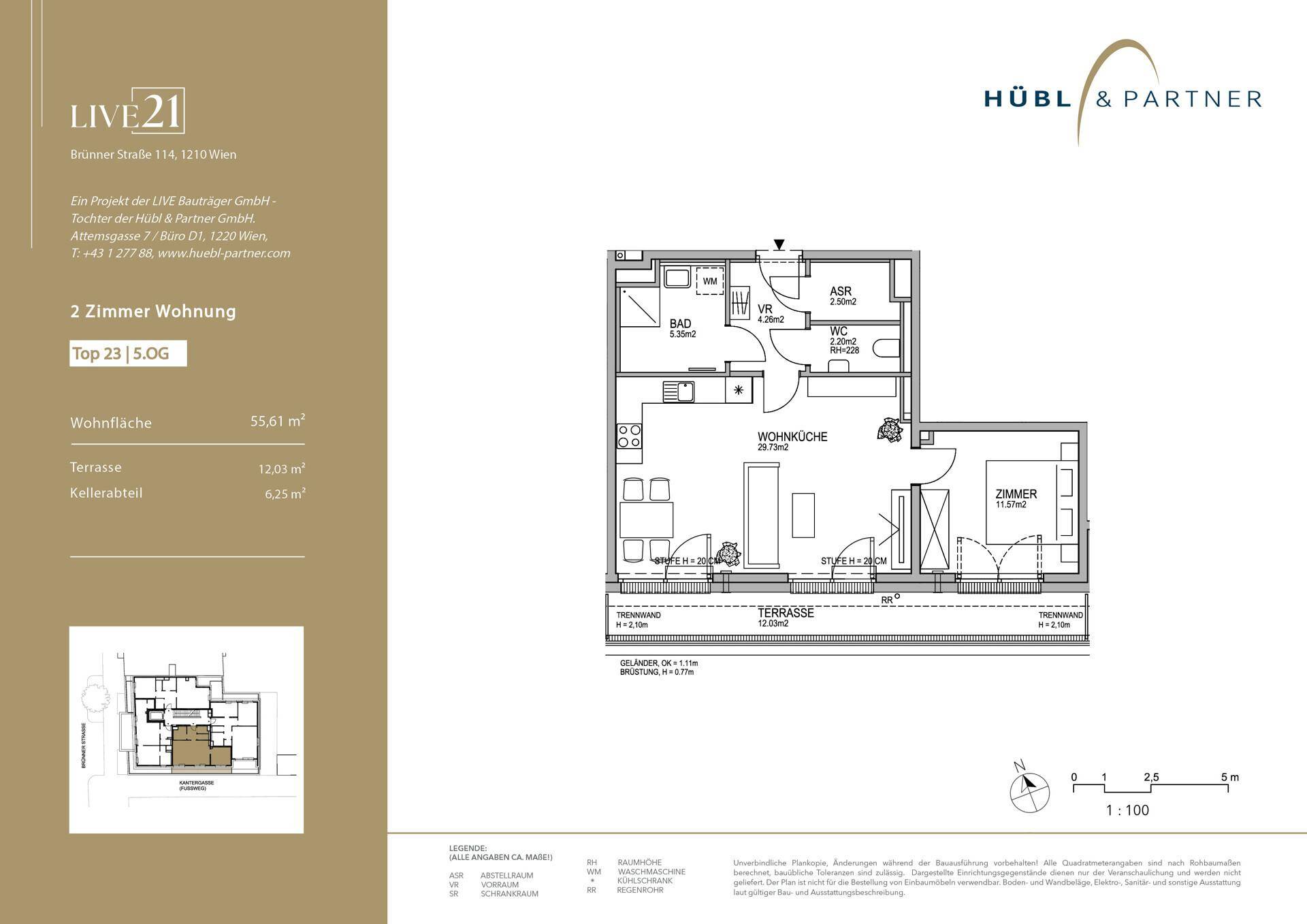 Detaillierter Grundriss einer 2-Zimmer-Wohnung mit Wohnflächenangaben und Projektinformationen.