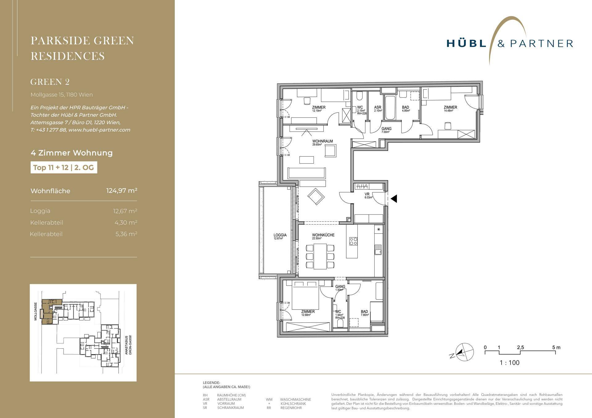Detaillierter Grundriss einer 4-Zimmer-Wohnung mit Loggia und Kellerabteil.