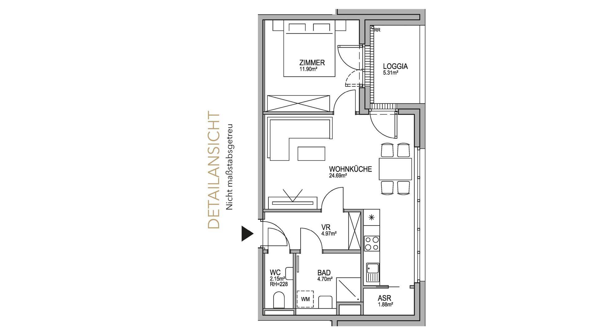 Detaillierter Grundriss einer Wohnung mit Wohnküche, Schlafzimmer und Loggia.
