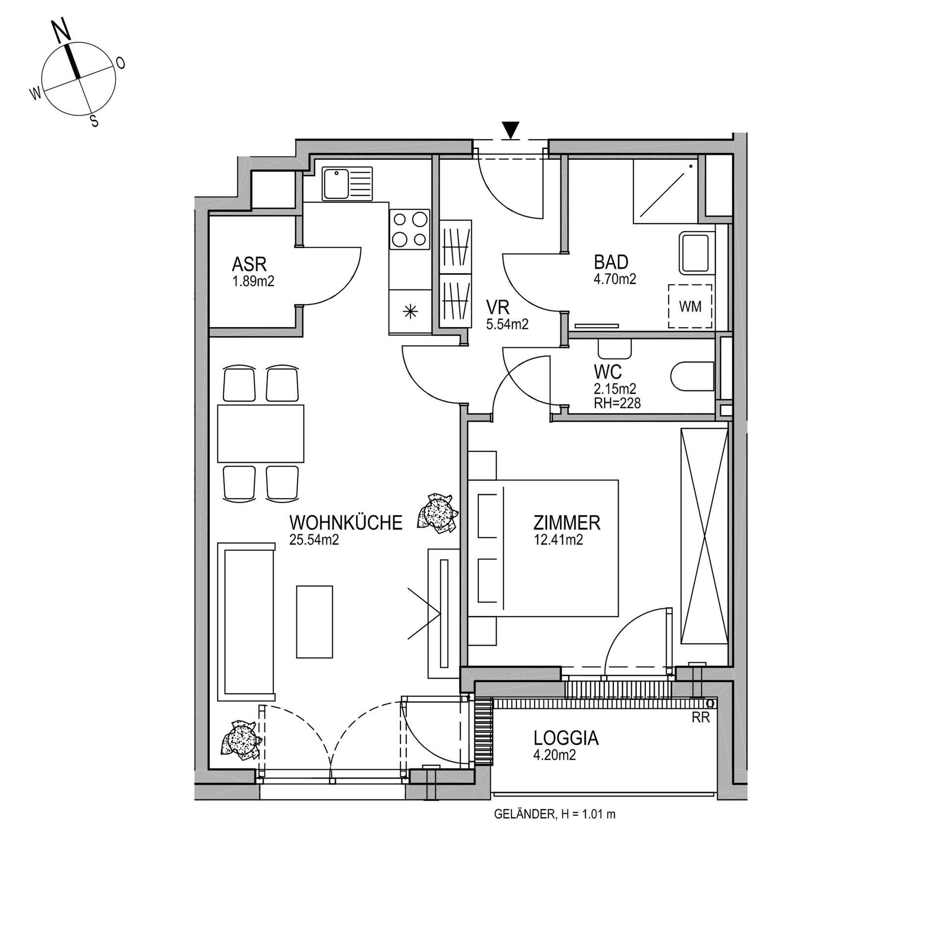 Grundriss einer Wohnung mit offener Wohnküche, Schlafzimmer, Bad, WC und Loggia.