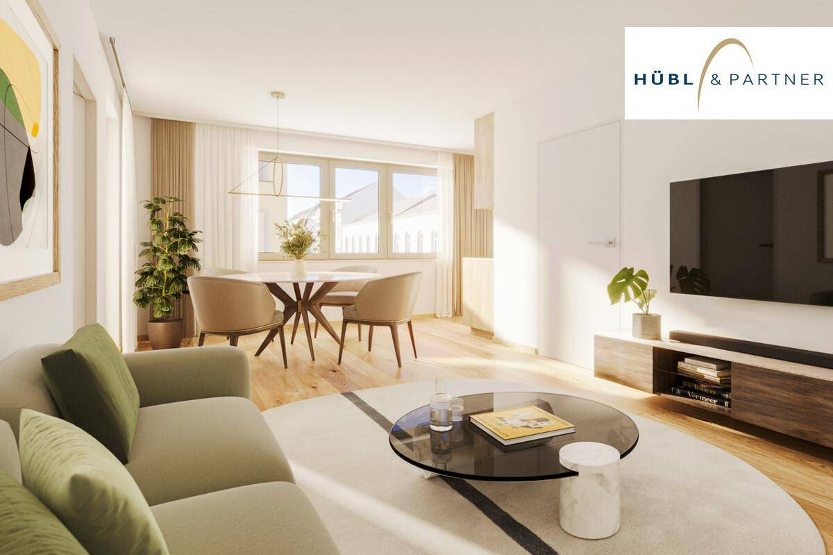 Heller, offener Wohn-Essbereich mit modernem Design, Holzboden und großen Fenstern.
