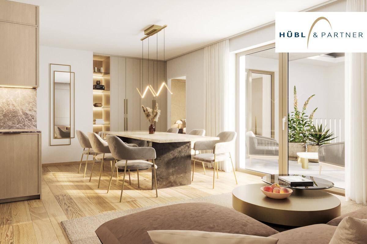 Lichtdurchfluteter Wohn-Essbereich mit modernem Design, Holzboden und Zugang zur Terrasse.