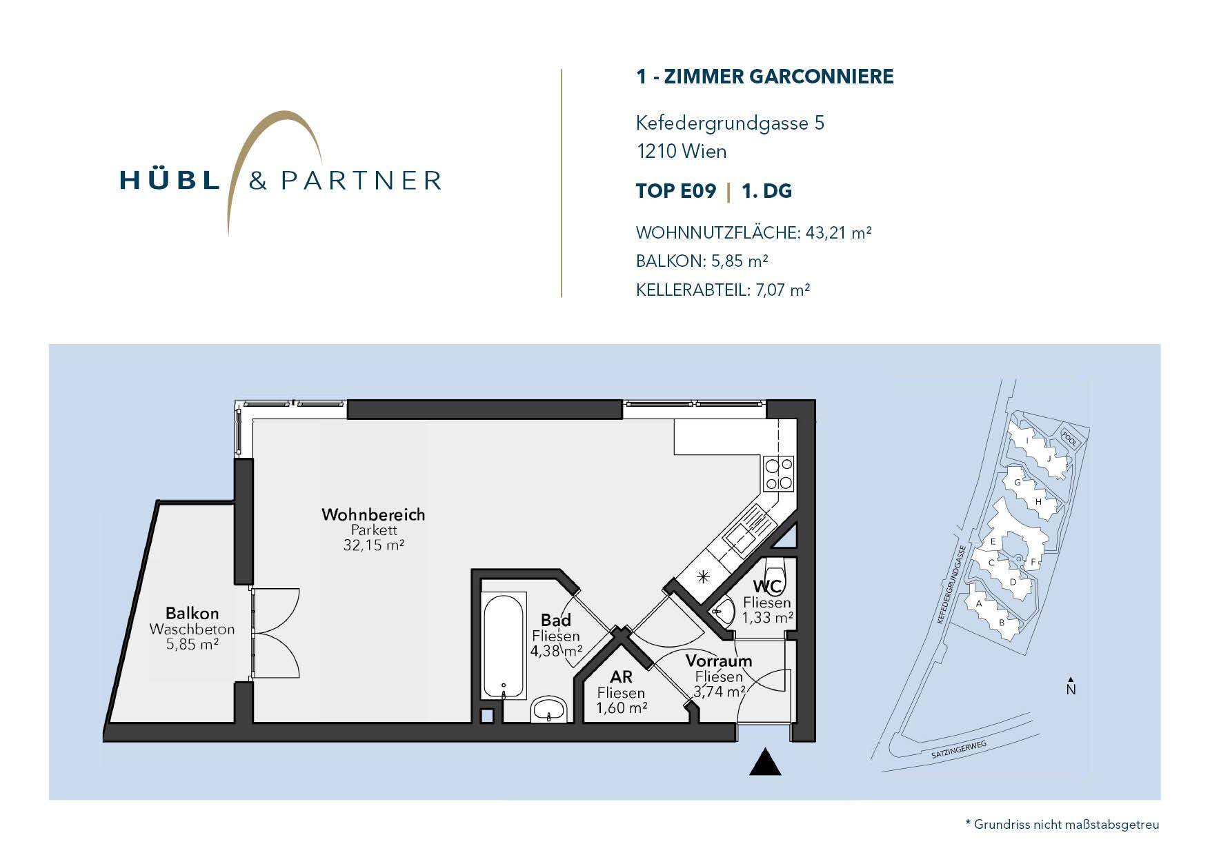 Grundriss einer 1-Zimmer-Garçonnière mit Wohnbereich, Bad, WC und Balkon.