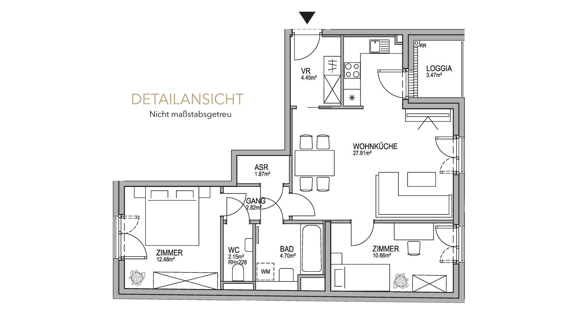 Detaillierter Grundriss einer Wohnung mit offener Wohnküche, Schlafzimmer und Loggia.