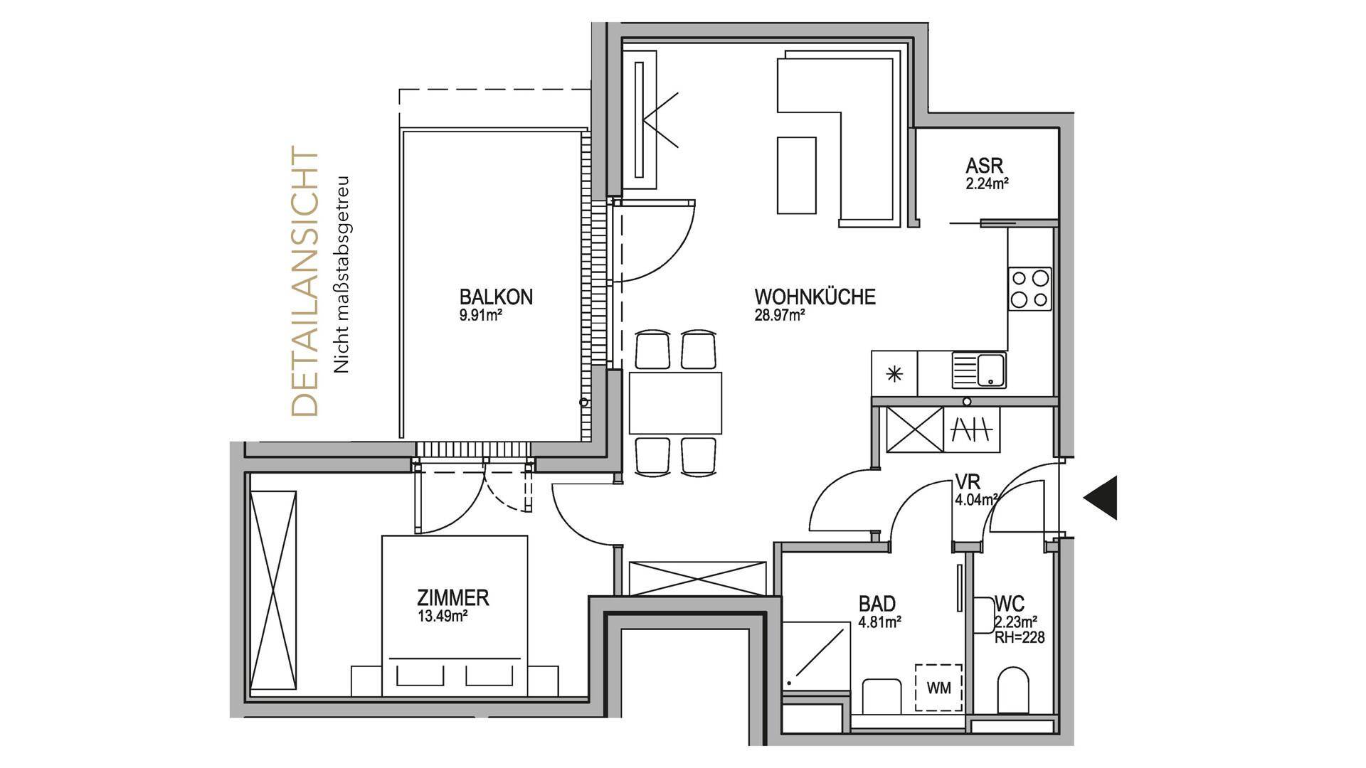 Detaillierter Grundriss einer Wohnung mit Balkon, Wohnküche und separatem WC.