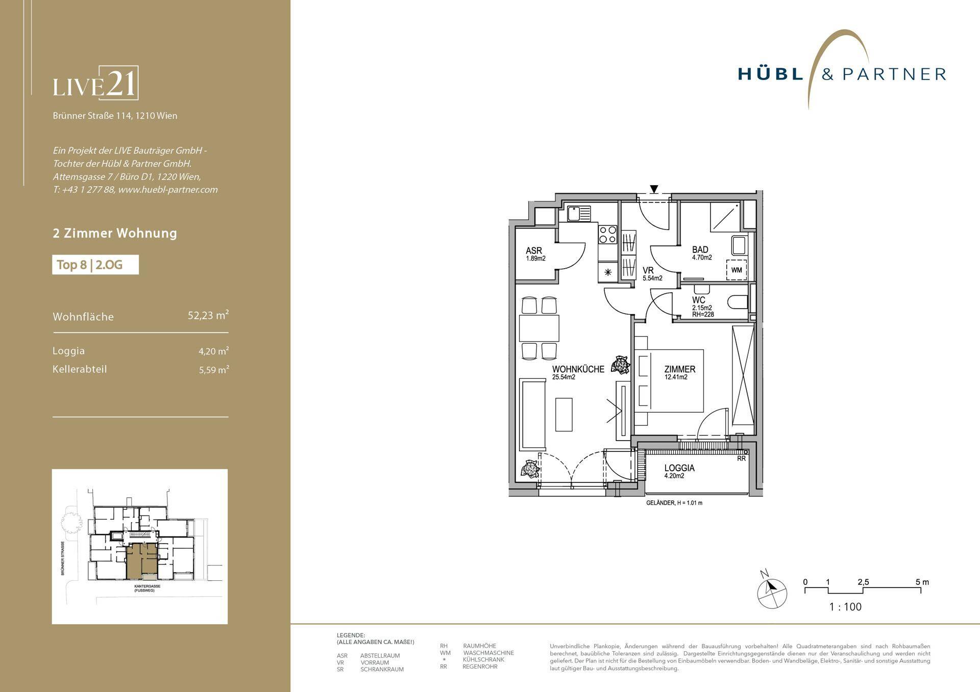 Detaillierter Grundriss einer 2-Zimmer-Wohnung mit Loggia und Kellerabteil.