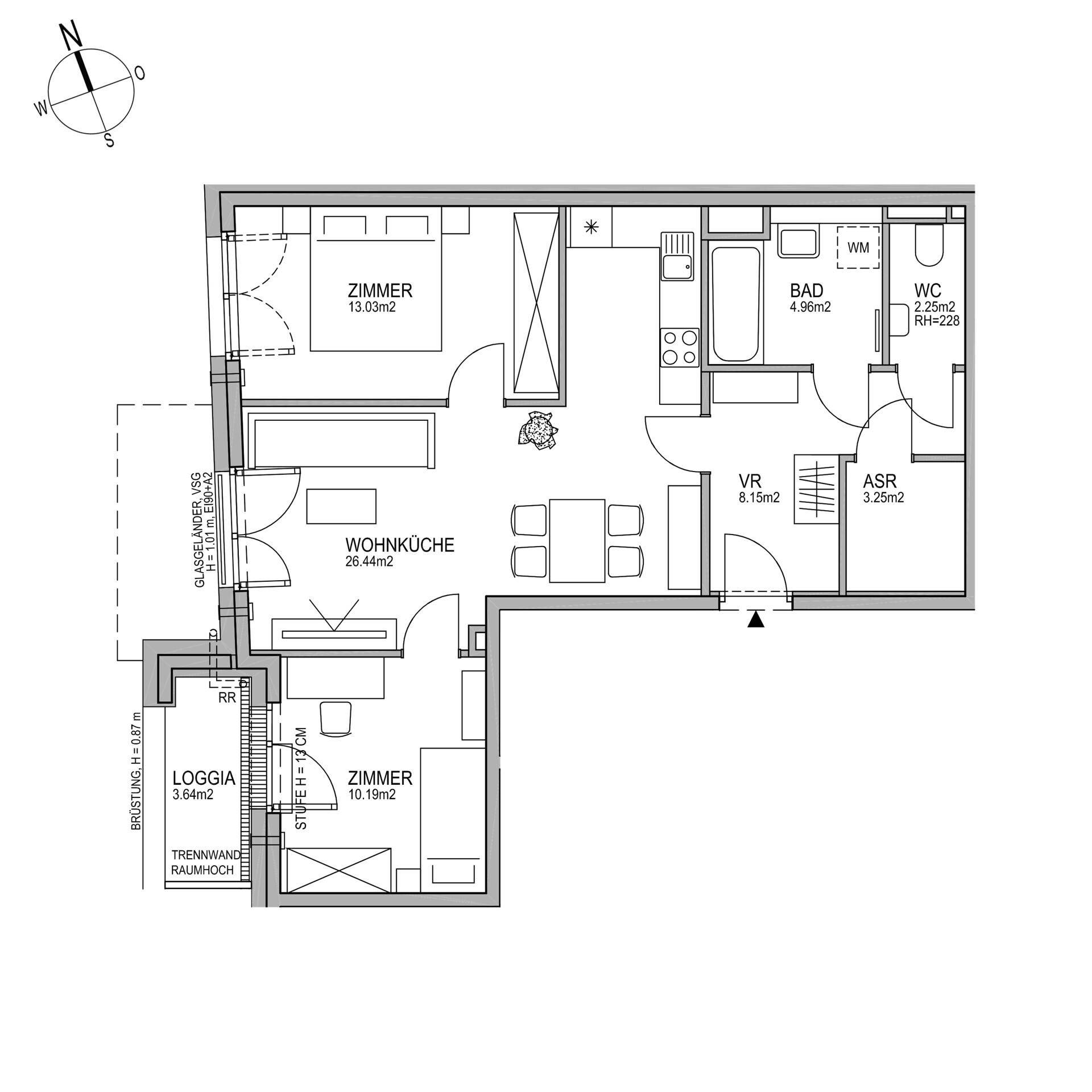 Grundriss einer Wohnung mit Wohnküche, zwei Zimmern, Bad, WC und Loggia.