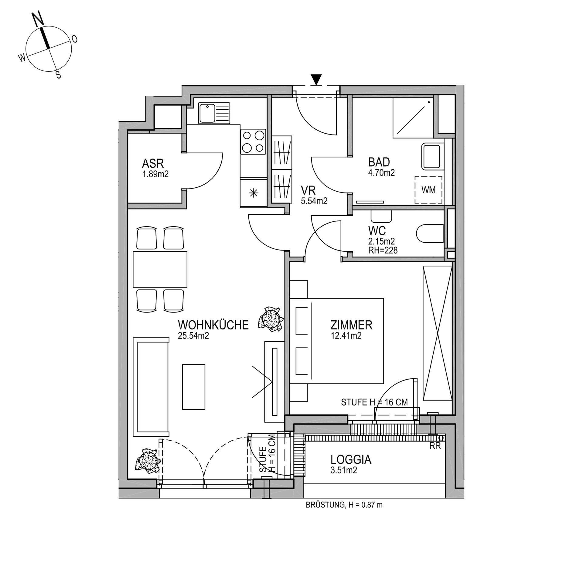 Grundriss einer Wohnung mit Wohnküche, Schlafzimmer, Bad, separatem WC und Loggia.