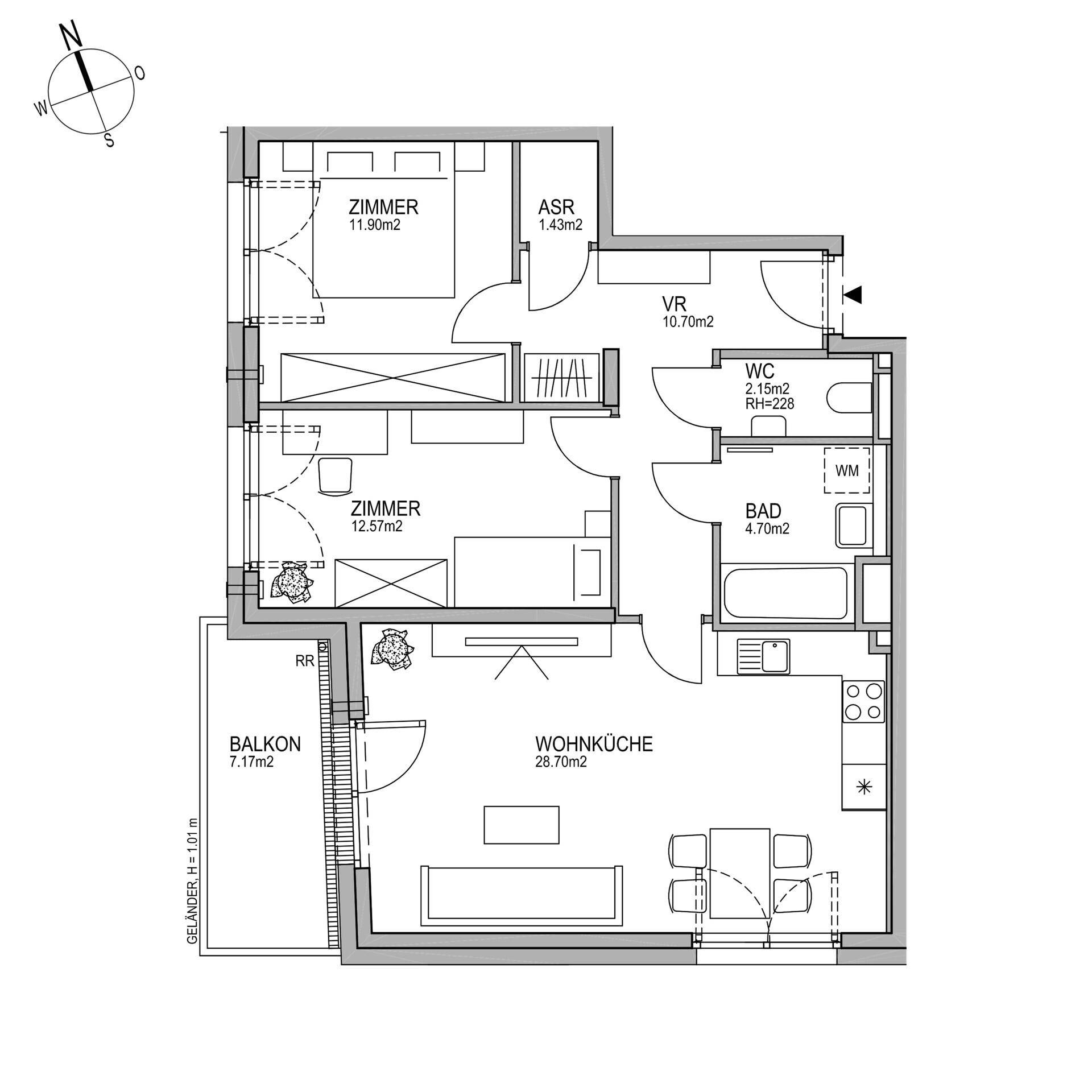 Grundriss einer Wohnung mit zwei Zimmern, Wohnküche, Bad und Balkon.