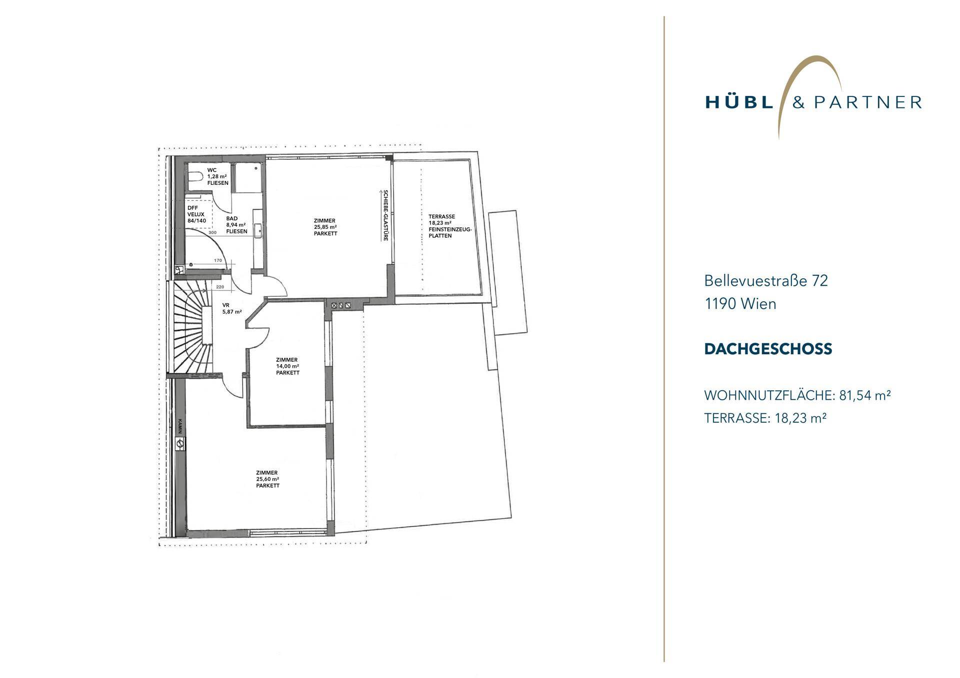Grundriss des Dachgeschosses mit Schlafzimmern, Bad und Terrasse.