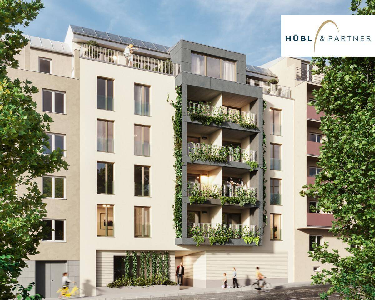 Visualisierung einer modernen Wohnfassade mit vertikalen Gärten und Balkonen in städtischer Umgebung.