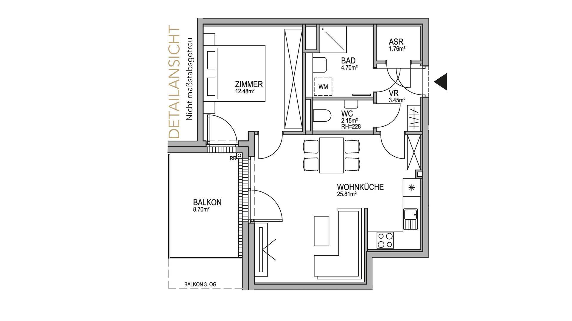 Detaillierter Grundriss einer Wohnung mit Schlafzimmer, Wohnküche, Bad und Balkon.
