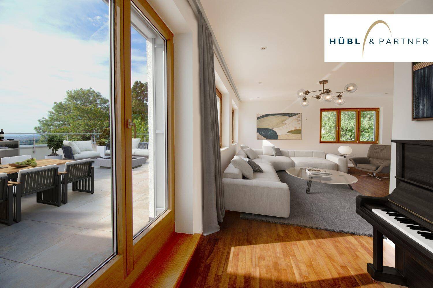 Modernes Wohnzimmer mit Zugang zu einer großen Terrasse und Panoramablick.